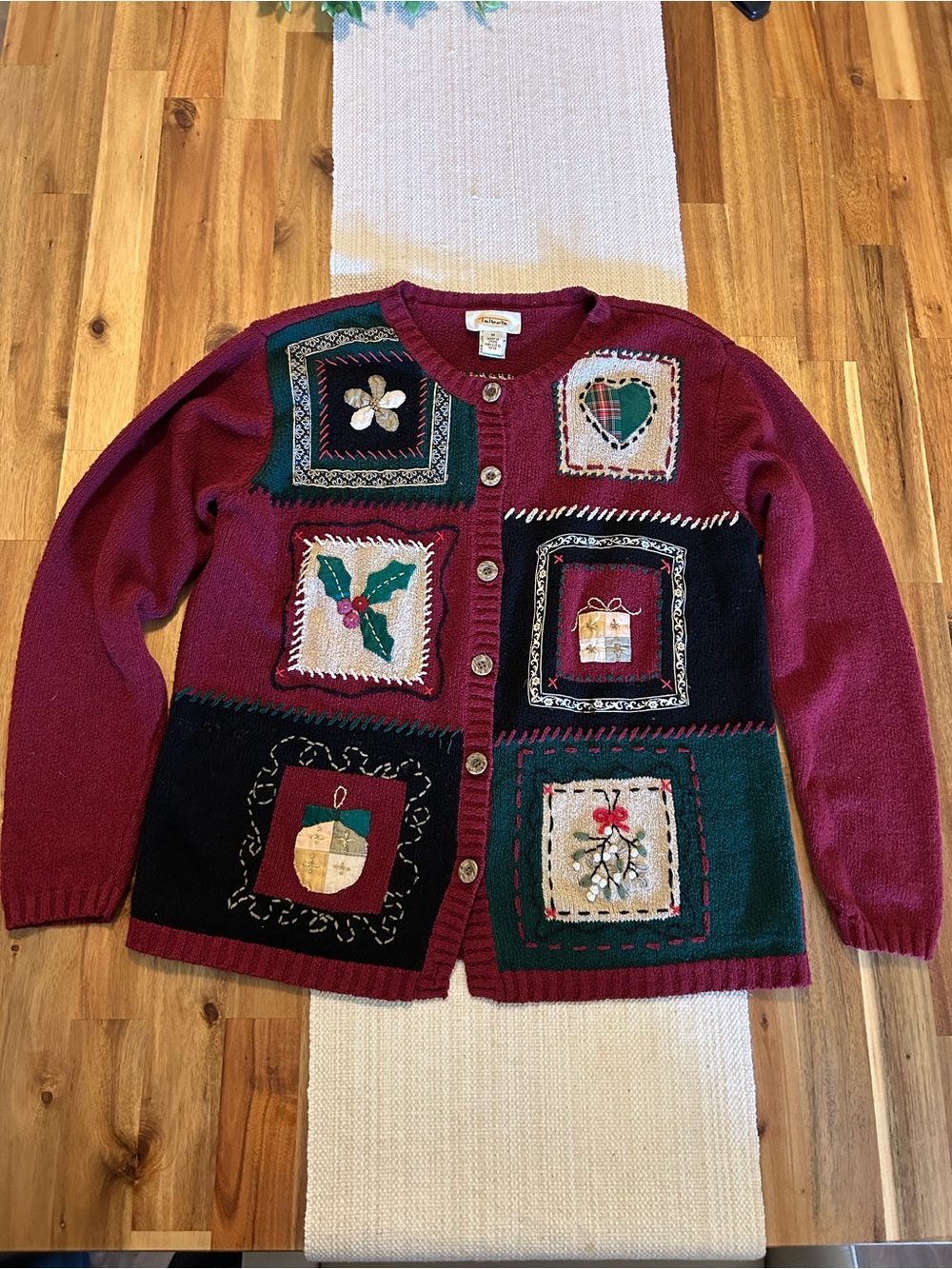 Talbots Vintage Burgundy Patchwork Embroidered Holiday Cardigan  Size M